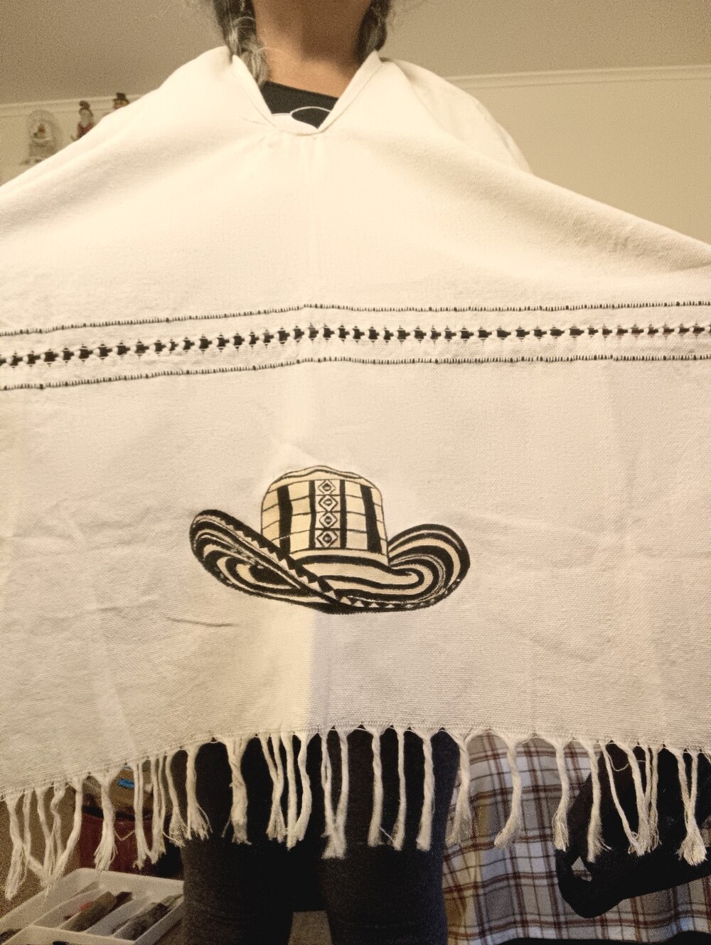 Girls Boys Unisex Cream Floral Fringe Cotton Poncho Top Tunic Hippie Cowboy Hat